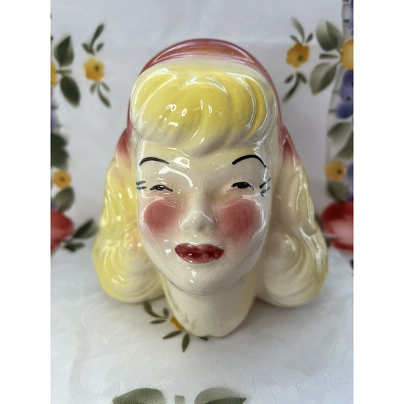 Vintage 1950-60’s Blonde Bombshell, Rosy Cheeks, Head Vase, Unmarked - Picture 1 of 8